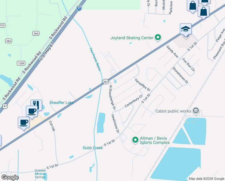 map of restaurants, bars, coffee shops, grocery stores, and more near 2444 Palisade Drive in Cabot