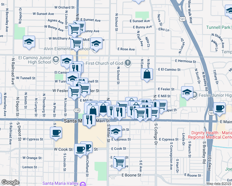 map of restaurants, bars, coffee shops, grocery stores, and more near 416 East Fesler Street in Santa Maria