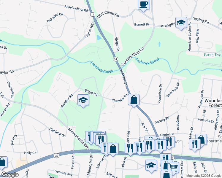 map of restaurants, bars, coffee shops, grocery stores, and more near 34 Huntress Drive in Greer