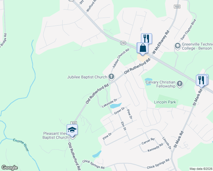 map of restaurants, bars, coffee shops, grocery stores, and more near 6 North Center Street in Taylors