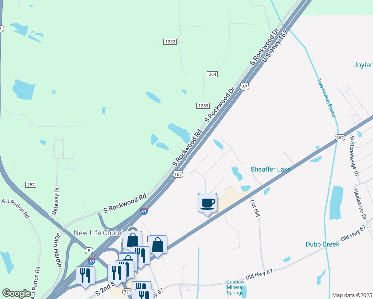map of restaurants, bars, coffee shops, grocery stores, and more near Grayhawk Road in Cabot