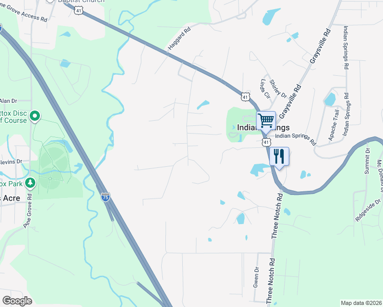 map of restaurants, bars, coffee shops, grocery stores, and more near 21 Amy Lane in Ringgold