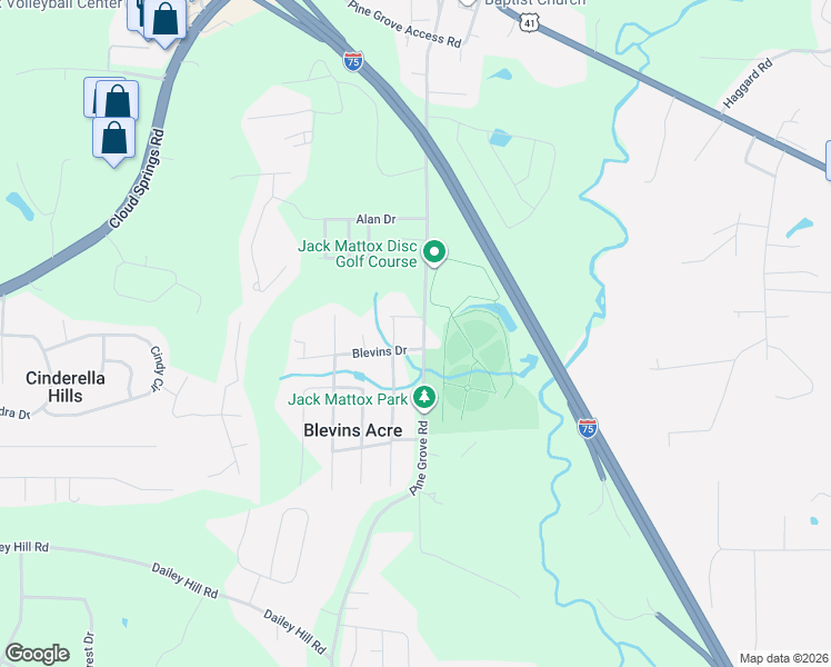 map of restaurants, bars, coffee shops, grocery stores, and more near 46 Blevins Drive in Ringgold