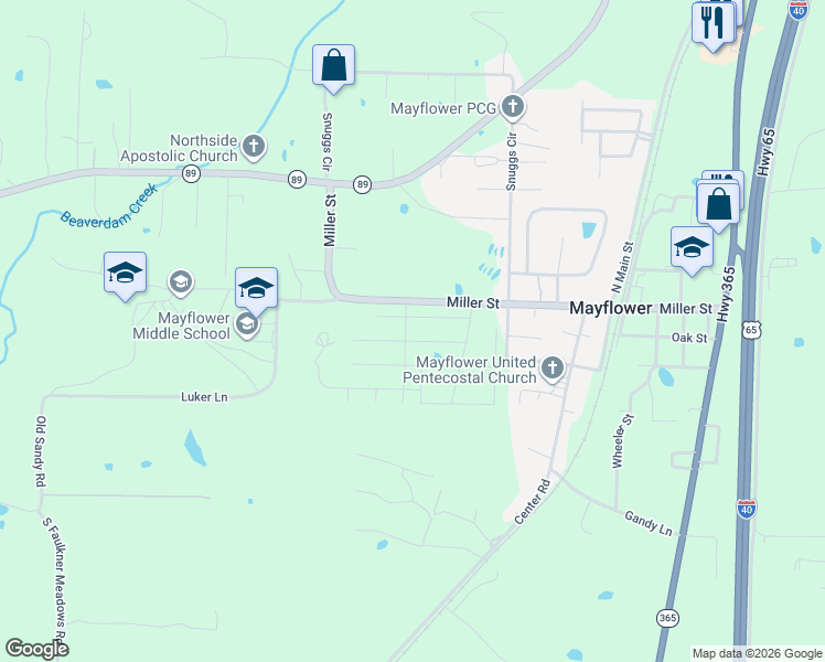 map of restaurants, bars, coffee shops, grocery stores, and more near 2 Sunbelt Court in Mayflower