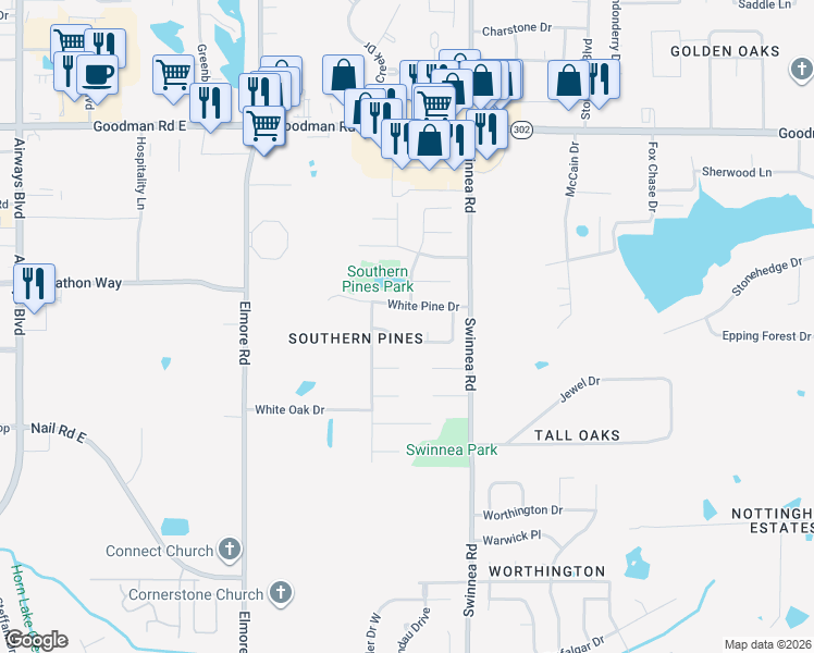 map of restaurants, bars, coffee shops, grocery stores, and more near 6550 Fox Horn Place in Southaven