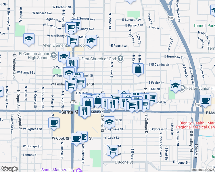 map of restaurants, bars, coffee shops, grocery stores, and more near 416 East Fesler Street in Santa Maria
