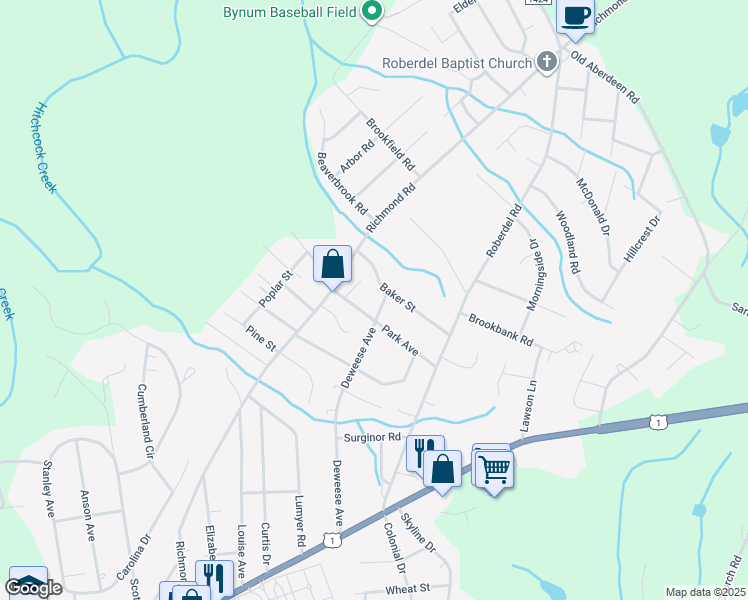map of restaurants, bars, coffee shops, grocery stores, and more near 1817 Park Avenue in Rockingham