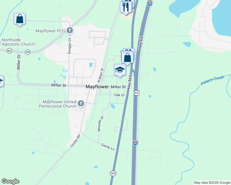 map of restaurants, bars, coffee shops, grocery stores, and more near 15 Franklin T Booher Street in Mayflower