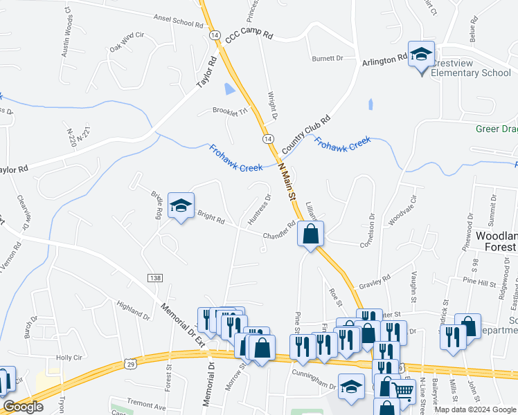 map of restaurants, bars, coffee shops, grocery stores, and more near 39 Huntress Drive in Greer