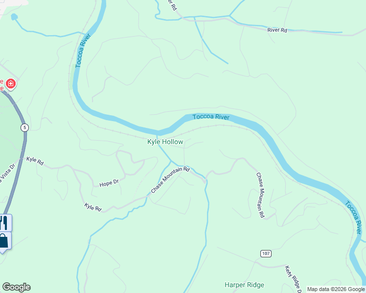 map of restaurants, bars, coffee shops, grocery stores, and more near 12 Lower Toccoa Hills Road in Blue Ridge