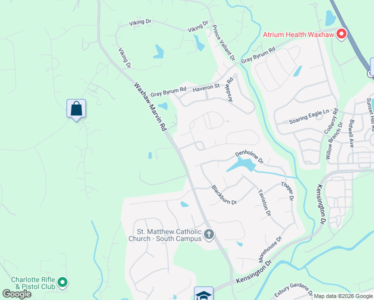 map of restaurants, bars, coffee shops, grocery stores, and more near 9005 Carindale Road in Waxhaw