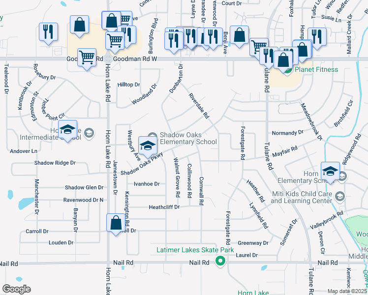 map of restaurants, bars, coffee shops, grocery stores, and more near 3595 Shadow Oaks Parkway in Horn Lake