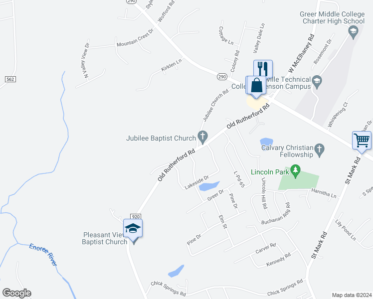 map of restaurants, bars, coffee shops, grocery stores, and more near 341 Old Rutherford Road in Taylors