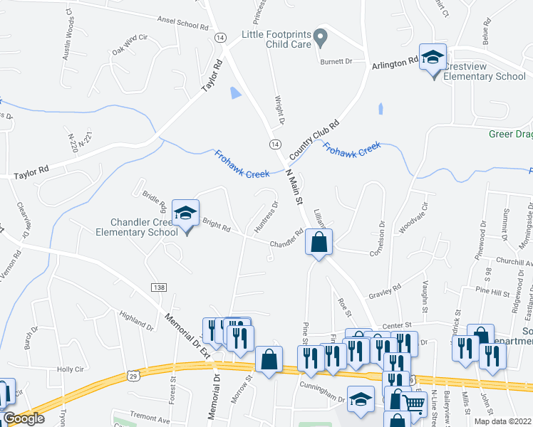 map of restaurants, bars, coffee shops, grocery stores, and more near 41 Huntress Drive in Greer