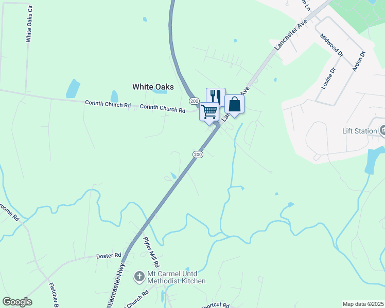 map of restaurants, bars, coffee shops, grocery stores, and more near 2404 Lancaster Highway in Monroe