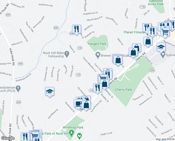 map of restaurants, bars, coffee shops, grocery stores, and more near 1110 Chandler Drive in Rock Hill