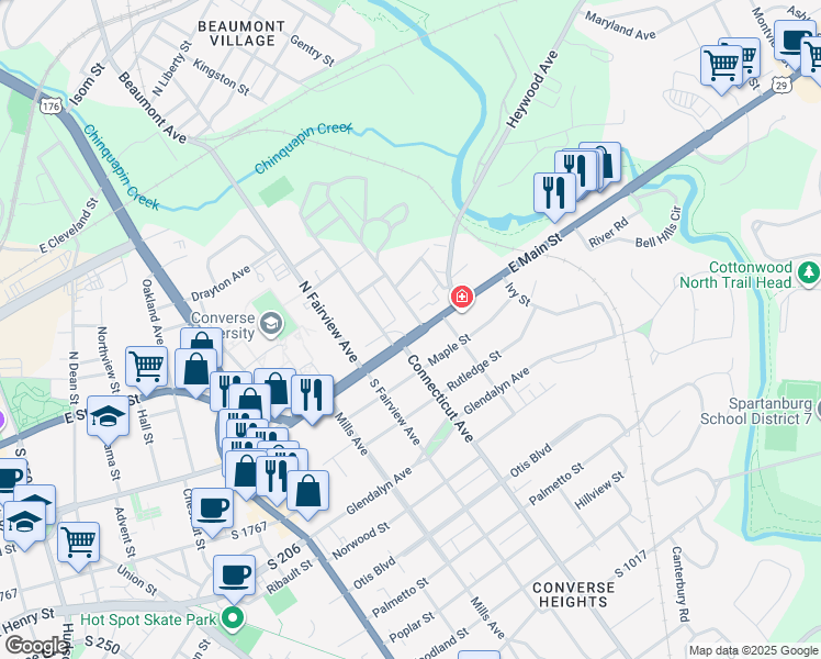 map of restaurants, bars, coffee shops, grocery stores, and more near 706 East Main Street in Spartanburg