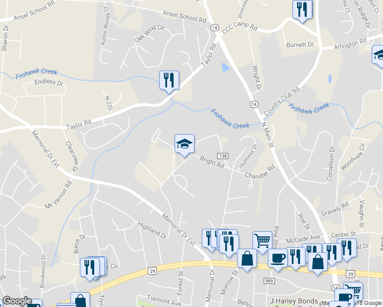 map of restaurants, bars, coffee shops, grocery stores, and more near 301 County Road 138 in Greer