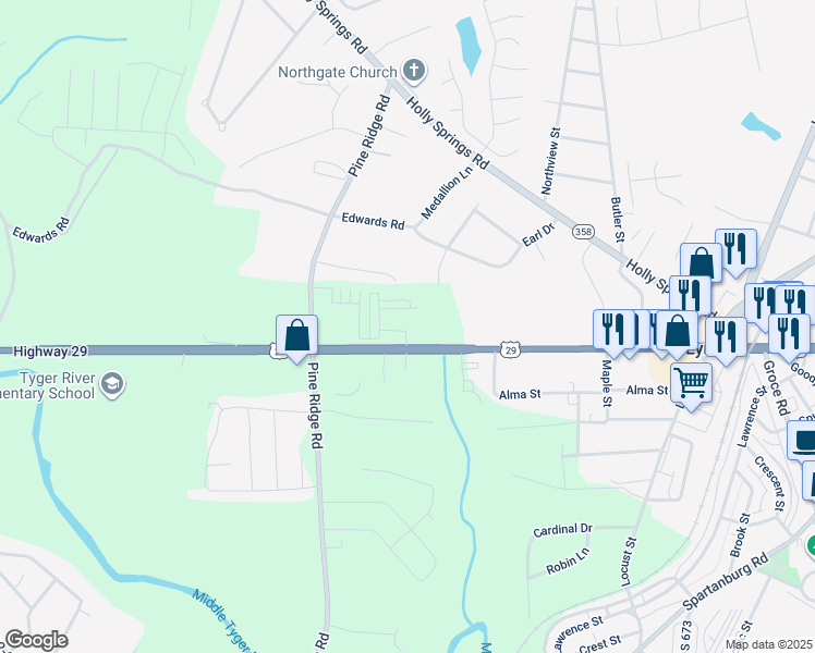 map of restaurants, bars, coffee shops, grocery stores, and more near 12420 West Greenville Highway in Lyman