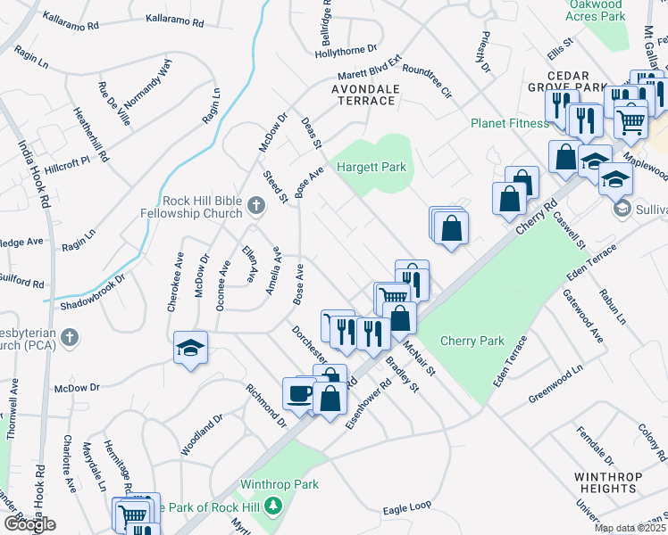 map of restaurants, bars, coffee shops, grocery stores, and more near 1100 Chandler Drive in Rock Hill