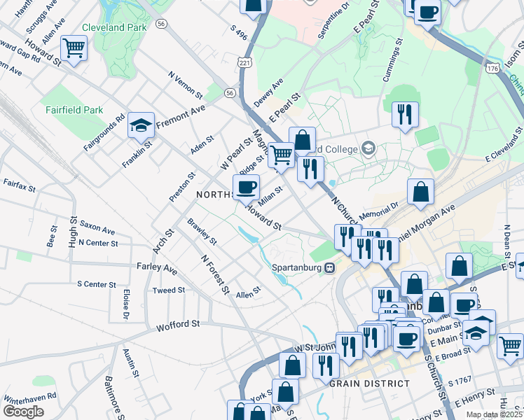 map of restaurants, bars, coffee shops, grocery stores, and more near 515 Howard Street in Spartanburg