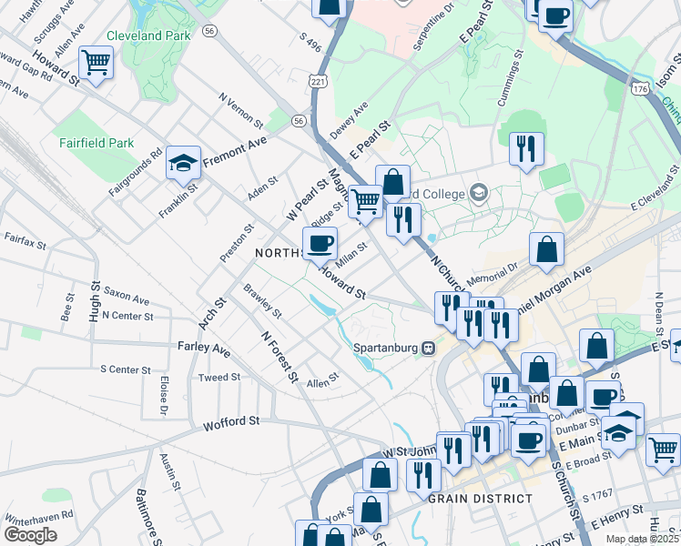 map of restaurants, bars, coffee shops, grocery stores, and more near 515 Howard Street in Spartanburg