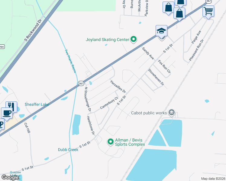 map of restaurants, bars, coffee shops, grocery stores, and more near 2429 Canterbury Lane in Cabot