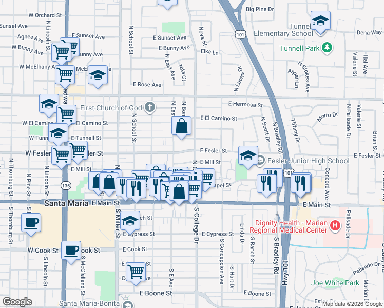 map of restaurants, bars, coffee shops, grocery stores, and more near 809 East Mill Street in Santa Maria