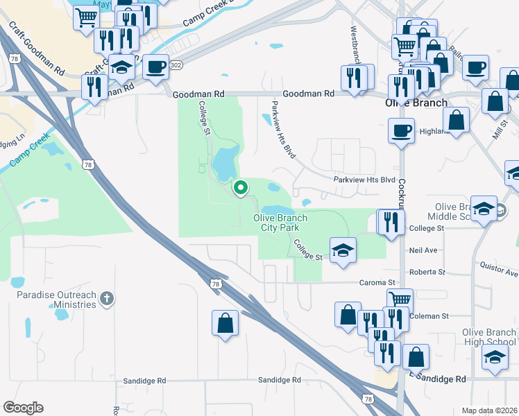 map of restaurants, bars, coffee shops, grocery stores, and more near 8894 College Street in Olive Branch