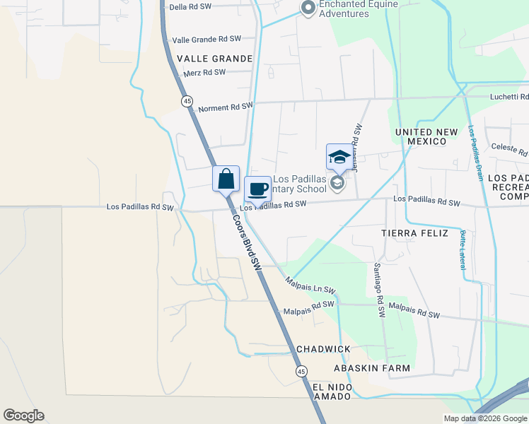 map of restaurants, bars, coffee shops, grocery stores, and more near 2748 Los Padillas Road Southwest in Albuquerque