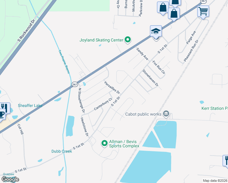 map of restaurants, bars, coffee shops, grocery stores, and more near 2417 Versailles Drive in Cabot