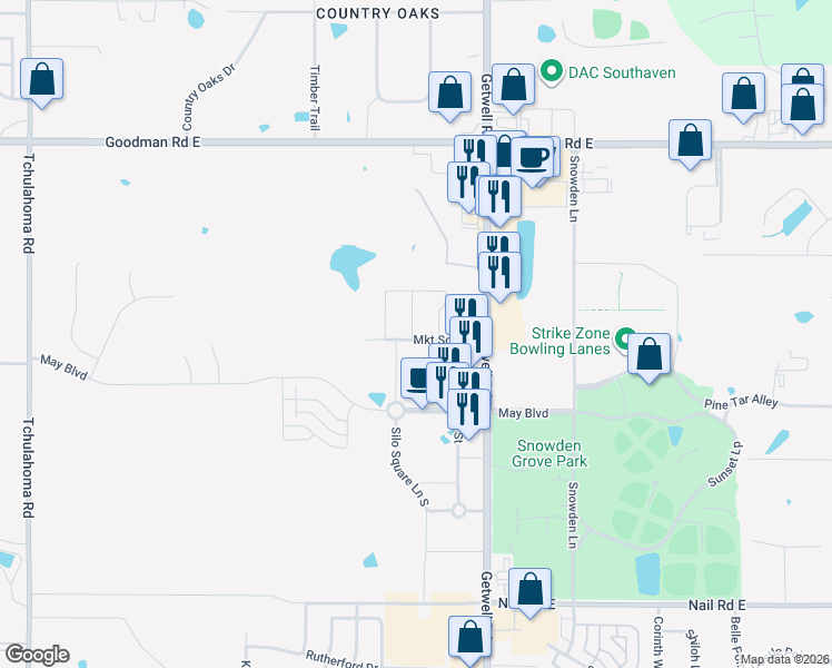 map of restaurants, bars, coffee shops, grocery stores, and more near 6505 Getwell Road in Southaven