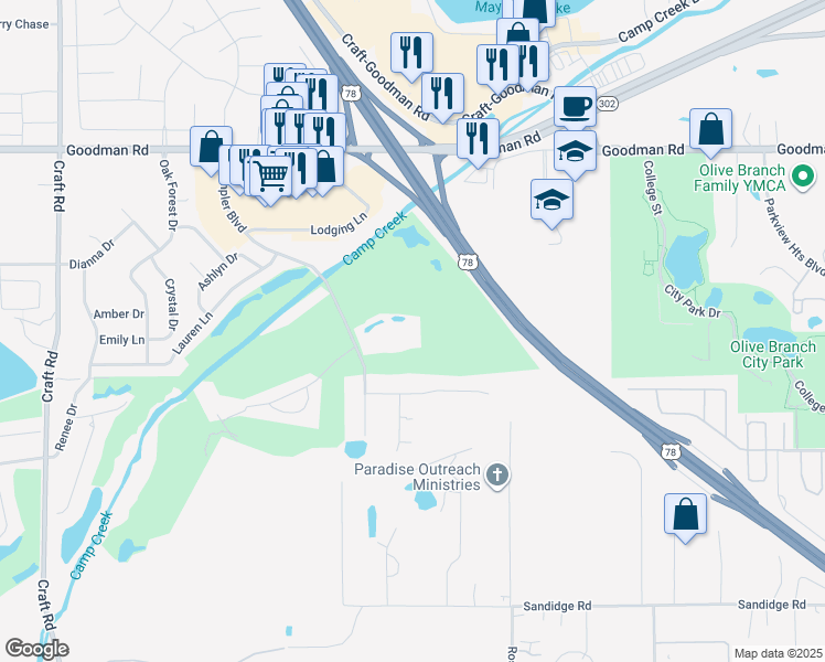 map of restaurants, bars, coffee shops, grocery stores, and more near 6630 Crumpler Boulevard in Olive Branch