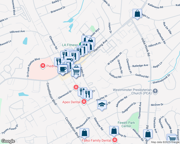 map of restaurants, bars, coffee shops, grocery stores, and more near 1578 Estes Court in Rock Hill