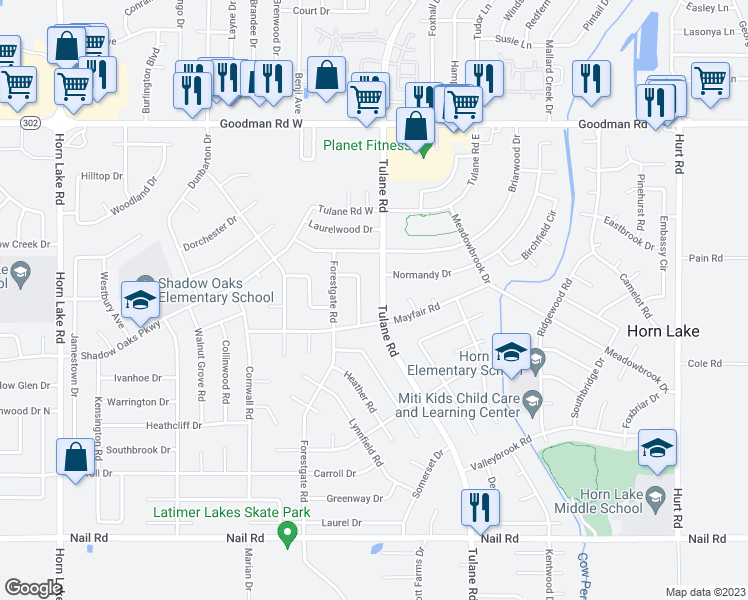 map of restaurants, bars, coffee shops, grocery stores, and more near 6625 Tulane Road in Horn Lake