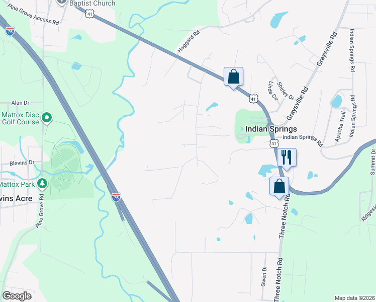 map of restaurants, bars, coffee shops, grocery stores, and more near 21 Amy Lane in Ringgold
