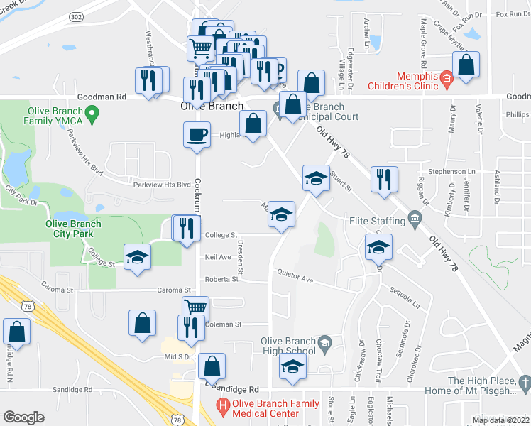 map of restaurants, bars, coffee shops, grocery stores, and more near 9237 Mason Street in Olive Branch