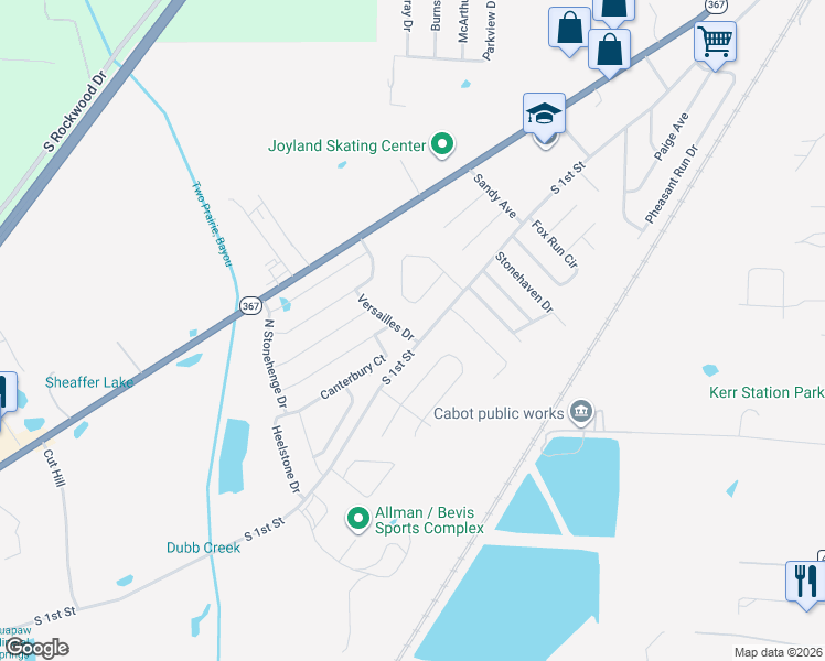 map of restaurants, bars, coffee shops, grocery stores, and more near 2418 Versailles Drive in Cabot