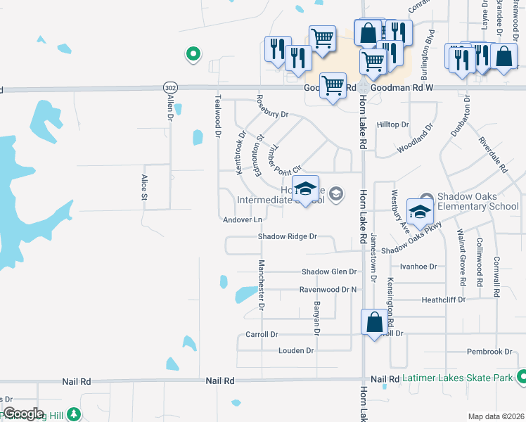map of restaurants, bars, coffee shops, grocery stores, and more near 4349 Andover Lane in Horn Lake
