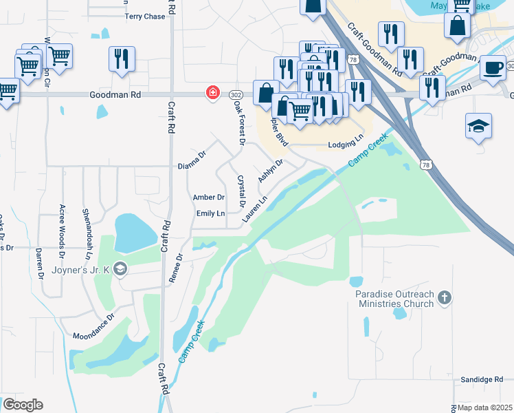 map of restaurants, bars, coffee shops, grocery stores, and more near 7304 Lauren Lane in Olive Branch