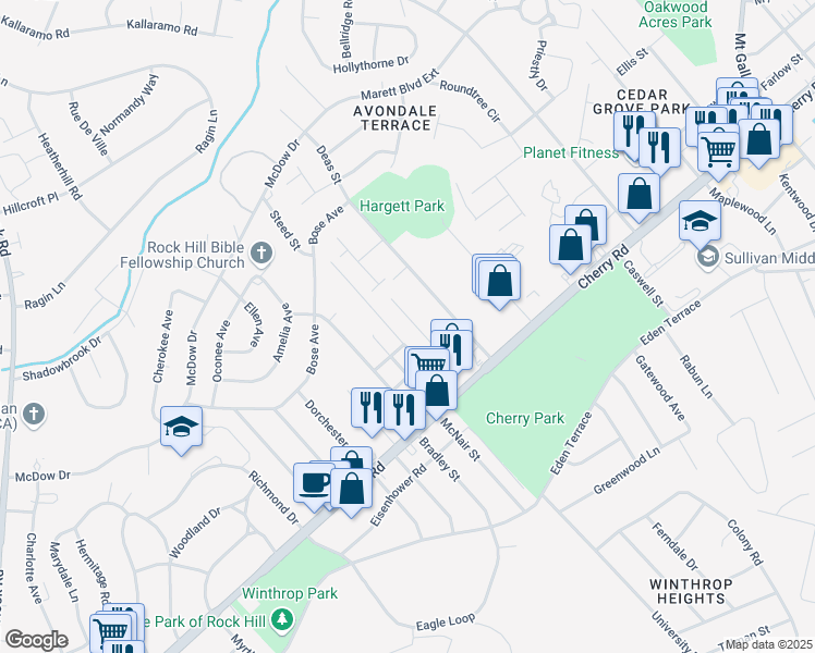 map of restaurants, bars, coffee shops, grocery stores, and more near 1055 Cherry Meadow Lane in Rock Hill