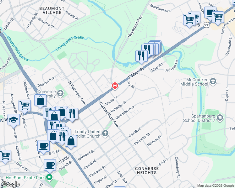 map of restaurants, bars, coffee shops, grocery stores, and more near 771 Maple Street in Spartanburg