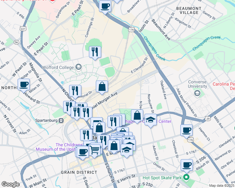 map of restaurants, bars, coffee shops, grocery stores, and more near 215 East Daniel Morgan Avenue in Spartanburg