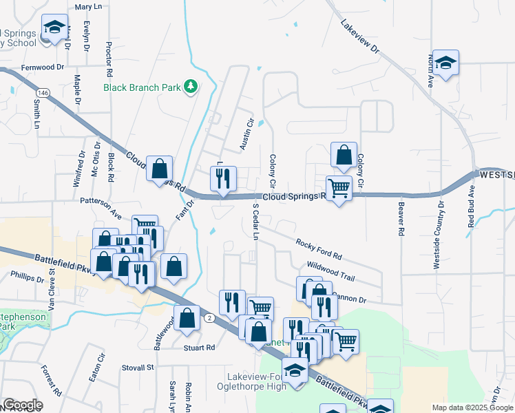 map of restaurants, bars, coffee shops, grocery stores, and more near 74 South Cedar Lane in Fort Oglethorpe