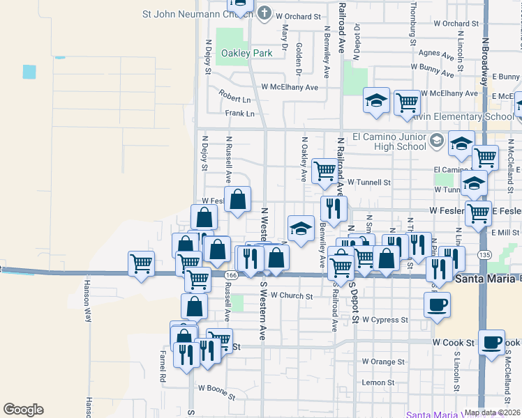 map of restaurants, bars, coffee shops, grocery stores, and more near 337 North Western Avenue in Santa Maria