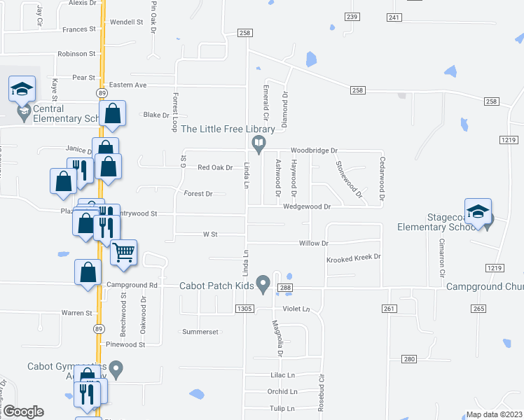 map of restaurants, bars, coffee shops, grocery stores, and more near 15 Wedgewood Drive in Cabot