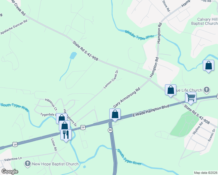 map of restaurants, bars, coffee shops, grocery stores, and more near 125 Lemon Creek Drive in Lyman