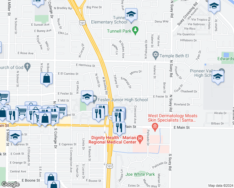 map of restaurants, bars, coffee shops, grocery stores, and more near 403 Tiffany Drive in Santa Maria