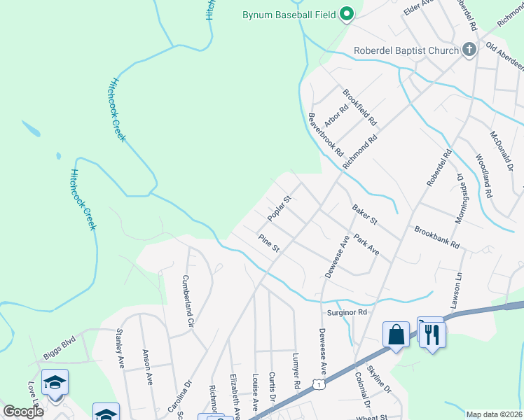 map of restaurants, bars, coffee shops, grocery stores, and more near 619 Poplar Street in Rockingham