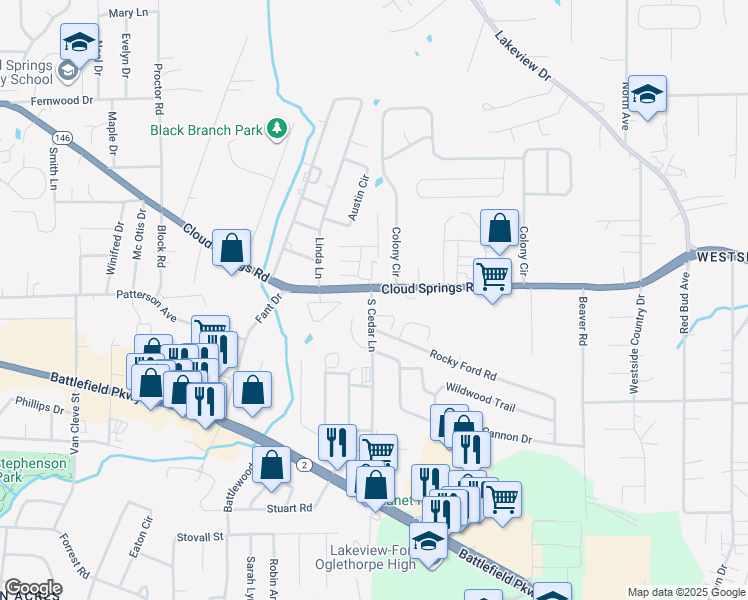 map of restaurants, bars, coffee shops, grocery stores, and more near 74 South Cedar Lane in Fort Oglethorpe